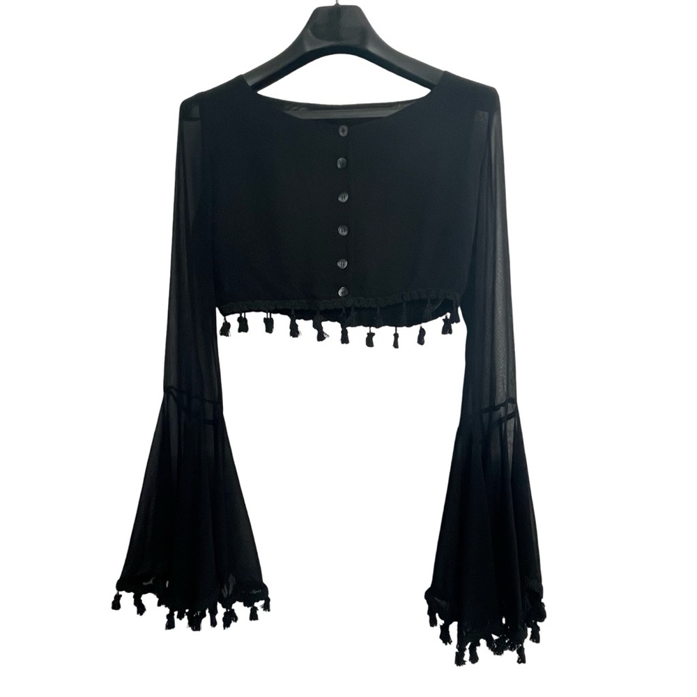 EUC Rare Vintage Dolce & Gabbana Sheer Black Top w/Tassels & Bell Sleeves IT 42 - Picture 5 of 13